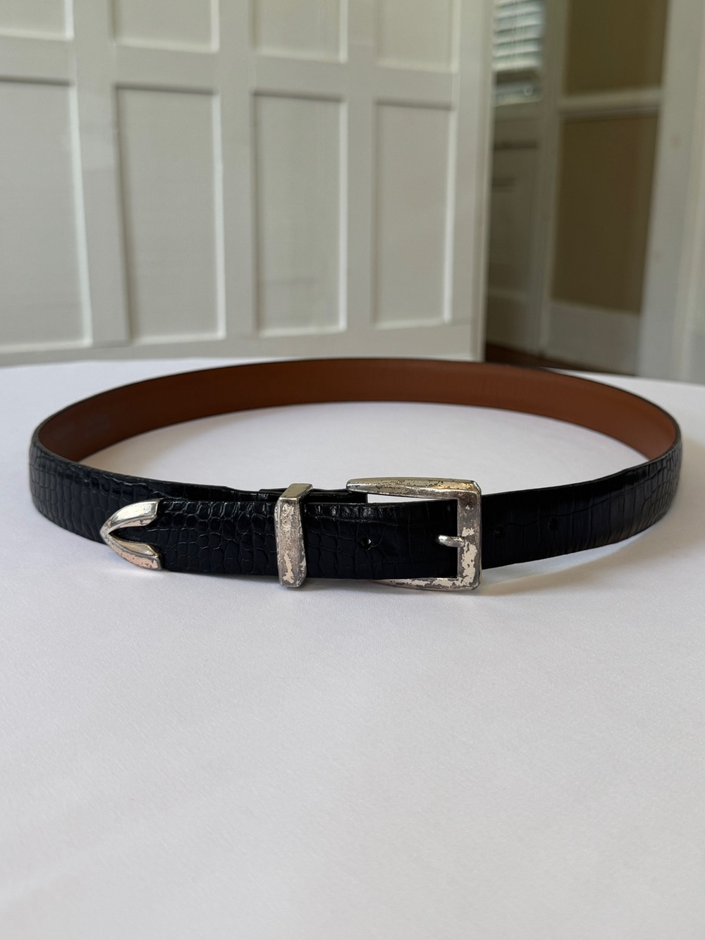 ONYX by Brighton Leather Belt Men Size 36 Black Croc Embossed Vintage Silver